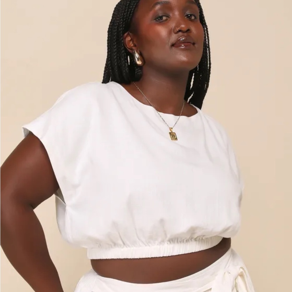 Lulu's Brings You Back Ivory Short-Sleeve Elastic-Hem Crop Top